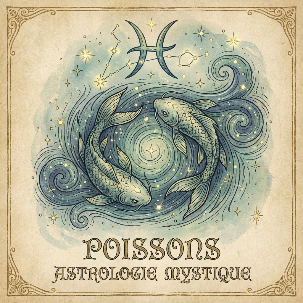 Illustration of Pisces zodiac with text POISSONS ASTROLOGIE MYSTIQUE.